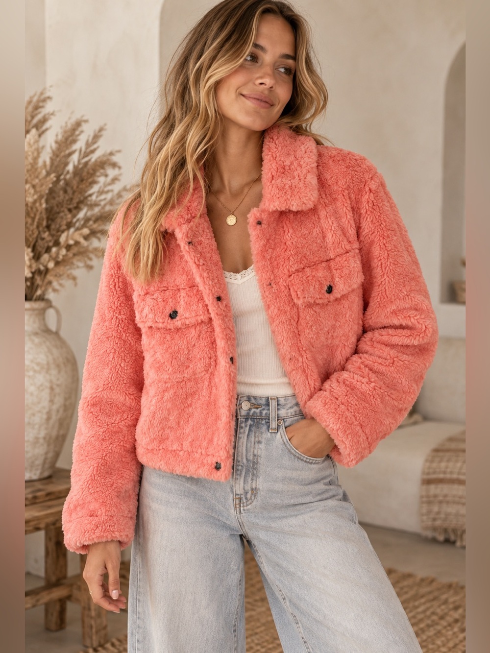 Free People Teddy Swing Woman’s Coral Faux Fur Jacket - Plush Shacket
